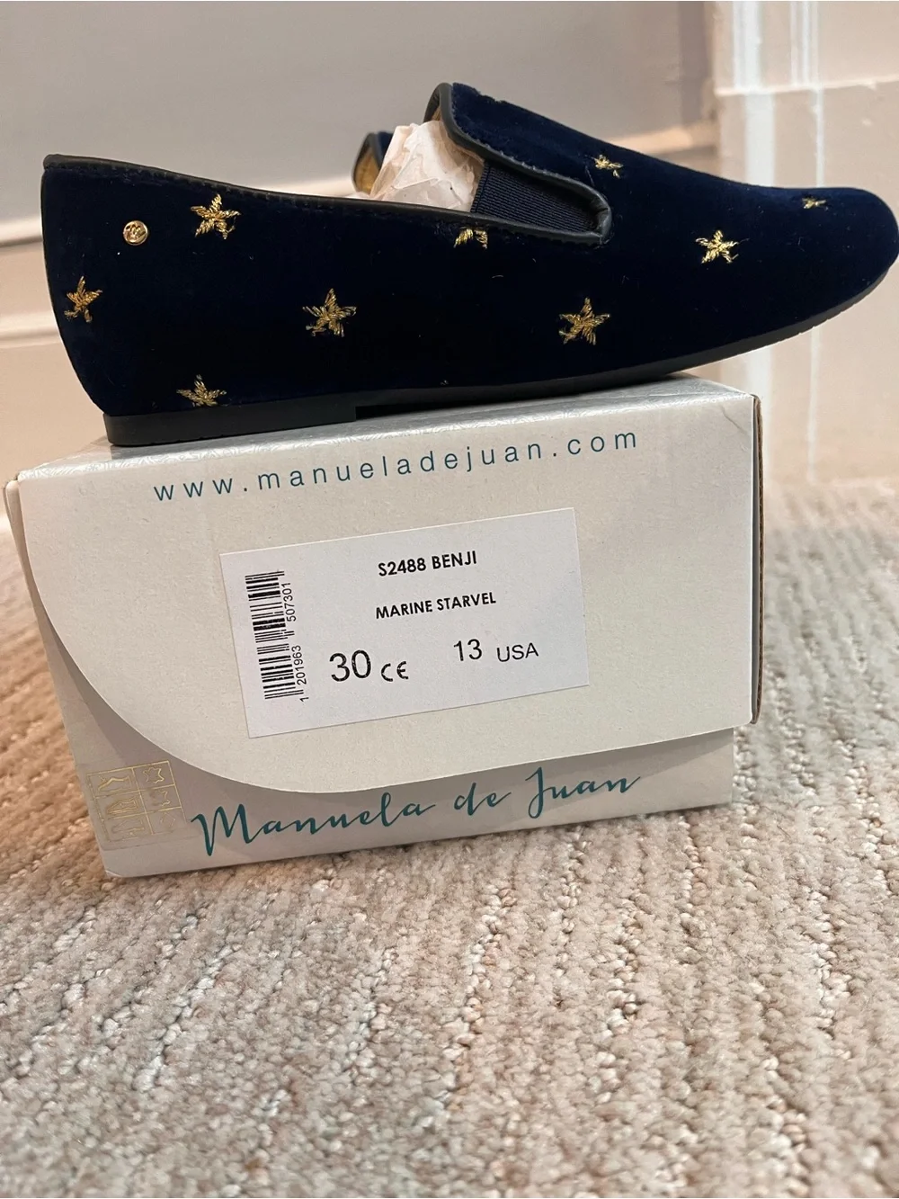 Girls Navy Velvet Slip-On Loafers with Gold Star Embroidery